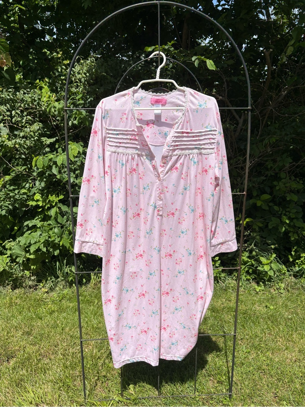 Floral Pintuck Pink Button-Front Nightshirt Long Sleeve Soft Comfy Sleepwear